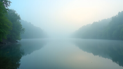 Fototapeta premium Foggy Morning Over a Quiet Lake with Still Water – A Serene Escape