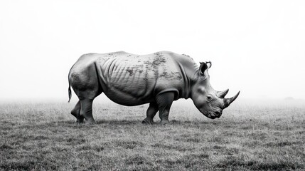 Fototapeta premium Solitary rhino in foggy field, monochrome.