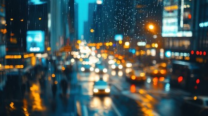 Fototapeta premium urban cityscape blurred lights reflecting on a rainy night street with cars driving through the blurred atmosphere and tall buildings nearby