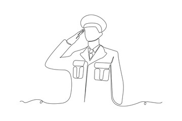 Hand-drawn soldier saluting continuous line art. Vector illustration.