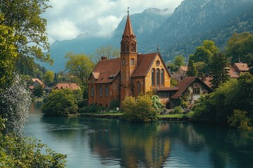 Obraz premium Tranquil riverside church nestled in majestic mountains