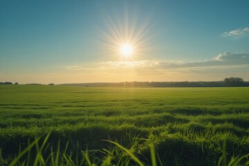 Obraz premium Calm sunrise view with fresh green grass all around