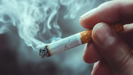 A close-up photography hand holding a cigarette with smoke on a white background
