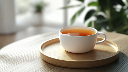 A cup of tea in a white ceramic mug on a wooden plate