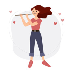 The girl plays the flute. A woman musician stands with a flute. Vector flat illustration.
