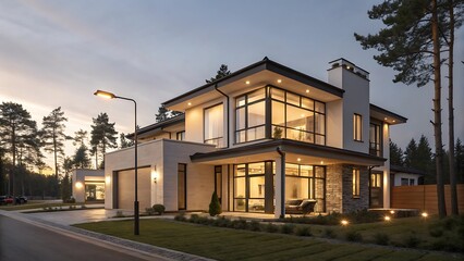 Fototapeta premium Modern Architectural Design of Luxury House Surrounded by Trees at Dusk