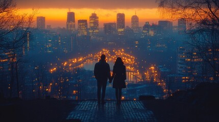 Silhouette of couple holding hands, overlooking a cityscape at sunset.