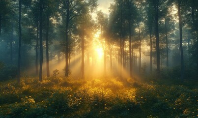 Obraz premium Golden sunrise illuminates misty forest wildflowers