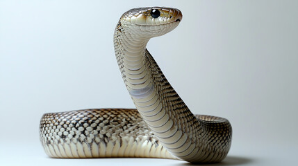 Fototapeta premium King Cobra (Ophiophagus hannah), a highly venomous snake, striking against a pristine white background