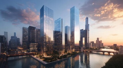 Fototapeta premium Chicago skyline, modern skyscrapers, riverfront, sunset view, architectural design, city scene, urban landscape, illustration