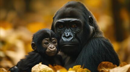 Mother gorilla cradling her baby amidst autumn leaves.