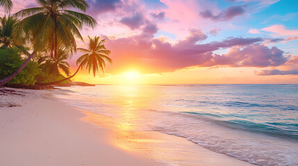Sunset Paradise: Coastal scene with a stunning sunset over the ocean, palm trees framing the golden sky and serene beach, evokes tranquility. 