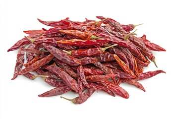 Pile of Dried Red Chili Peppers on White Background Close Up