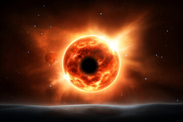 Naklejka premium stunning cosmic scene featuring fiery sun with dark center, surrounded by glowing solar flares and distant planet. vastness of space is filled with stars, creating mesmerizing atmosphere