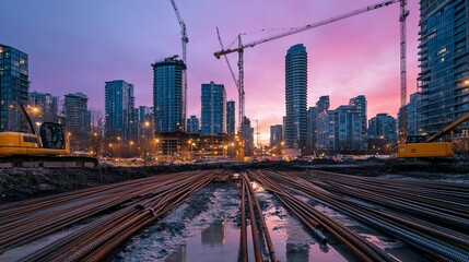 Fototapeta premium Cityscape construction dawn rebar urban development