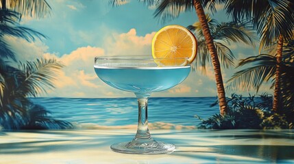 A cool blue cocktail with a lemon slice, set against a tropical beach backdrop, capturing the essence of a summer getaway