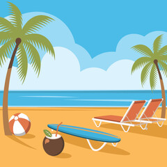 Fototapeta premium tropical beach with palm trees and sun. Summer vector