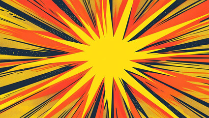 Fototapeta premium A vibrant yellow and orange radial burst background with a comic book style. The center of the image is bright and radiates outward with dynamic energy, featuring sharp, jagged rays extending