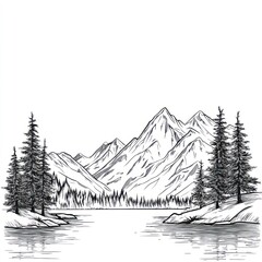 Majestic mountain range by a serene lake, surrounded by evergreen trees.  Detailed line art sketch