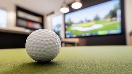 Golf ball on putting green, simulator background, indoor practice