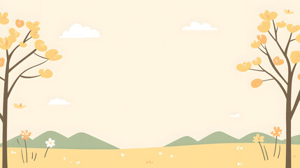 Bright yellow trees and flowers adorn a peaceful landscape with gentle hills and soft clouds above