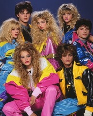 Group of young people wearing 80s fashion posing