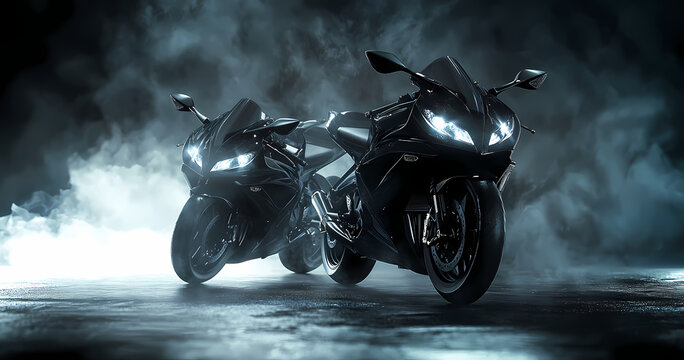 Noir Riders: Two sleek, black motorcycles stand in a mysterious and smoky setting, their lights piercing through the gloom, capturing a sense of speed and raw power.