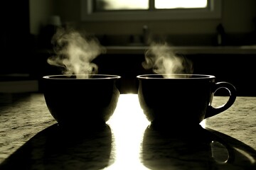 Morning Brew for Two steaming cups of coffee.