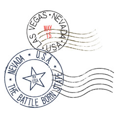 Obraz premium Postal rubber stamps LAS VEGAS NEVADA USA, along with the state symbol. Retro seals for letter envelopes, greeting cards, passports, parcels.