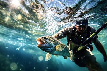 Professional fisherman diving underwater, skillfully catching a large fish with an open mouth while using a rod in the vibrant turquoise waters of the ocean