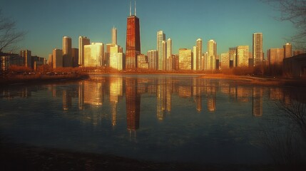 Obraz premium Chicago Skyline Reflection Sunset Park