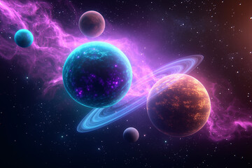 vibrant space scene featuring colorful planets, glowing nebula, and majestic ringed planet. cosmic backdrop is filled with stars, creating sense of wonder and exploration