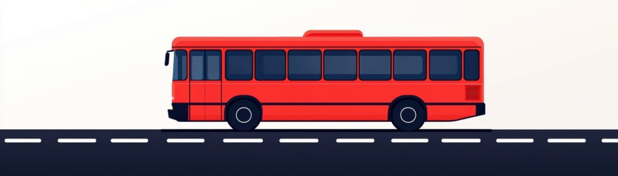 red bus icon on road with dashed white lines, symbolizing transportation and travel routes