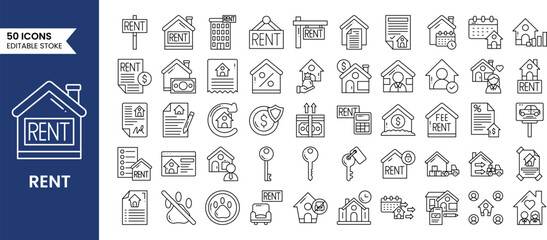 Rental Property icons set in line style. such icons as owner, real estate, rent, sale, sales agent, search and more. Vector illustration