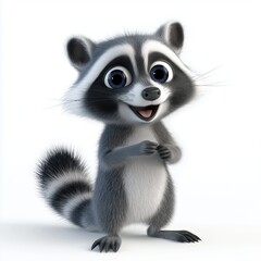 Obraz premium 3d render A cartoon raccoon, light gray with dark gray and black stripes on its tail, large expressive eyes