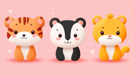 Naklejka premium Adorable cartoon tiger, skunk, and lion cubs sitting on pink background.
