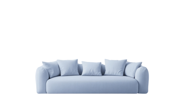 This elegant soft blue sofa features multiple plush cushions, ideal for relaxing in a cozy living room setting. Its modern design enhances the ambiance of any interior