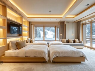 A luxurious modern bedroom with beds and a snowy mountain view