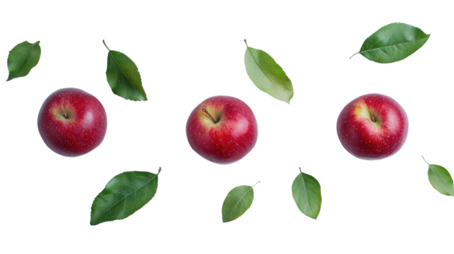 Three bright red apples are positioned with lush green leaves scattered around them on a pure white background, creating a vibrant and refreshing display ideal for seasonal promotions