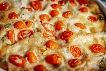 A close-up of a freshly baked dish with melted cheese, cherry tomatoes, and herbs, creating a golden, crispy texture. The vibrant red tomatoes contrast with the creamy cheese.