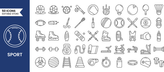 Sport icons set in line style. Containing baseball, basketball, soccer, golf, Ping Pong and more. Vector illustration