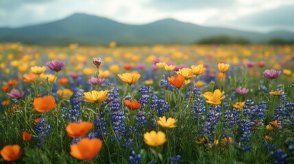 Vibrant wildflowers bloom in a vast field against a mountain backdrop.