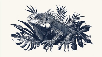 Detailed iguana amidst tropical foliage.  A stylized illustration of an iguana nestled amongst tropical plants, featuring intricate details and a muted color palette
