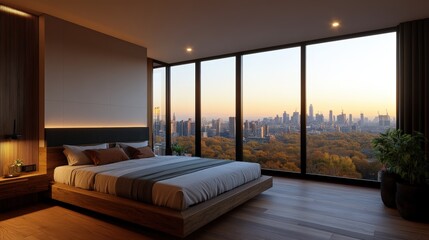 Photorealistic modern bedroom rende with low platform bed, spacious window view of a stunning sunset cityscape, elegant hardwood floo design