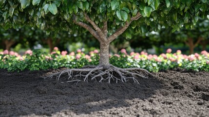 Lush green tree with exposed roots in rich dark soil, surrounded by pink flowers and other trees in the background.