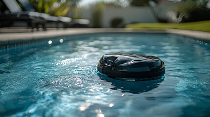A robotic pool cleaner is cleaning the bottom of the swimming pool automatically -