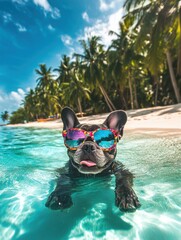 beautiful beach with clear transparent turquoise water reflecting the sun reflections, with palm trees on the right and left side and a happy little French Bulldog with colorful sunglasses on a sunny 