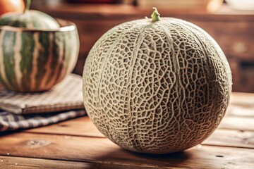 A ripe cantaloupe rests on a rustic wooden table, its intricate texture highlighted by warm, natural light, alongside a blurred watermelon in the background.