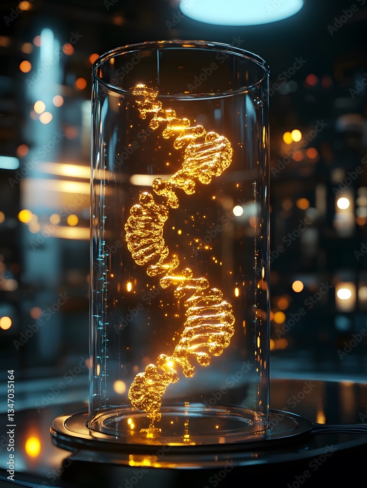 Poster Glowing DNA Helix in Glass Container with Futuristic Background