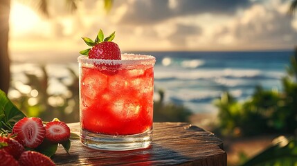 A strawberry cocktail with a sugared rim on a wooden table by a tropical beach, capturing a refreshing drink vibe 